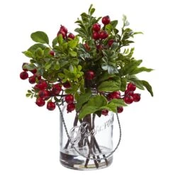 11 In. Artificial Berry Boxwood Arrangement In Glass Jar