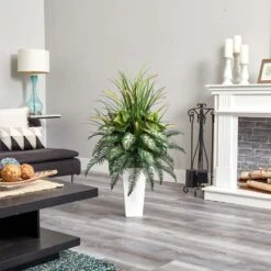 Mixed River Fern And Dogtail Artificial Plant In White Tower Planter -AFLORAL ONLINE STORE nearly natural artificial ferns 6382 1f 1000