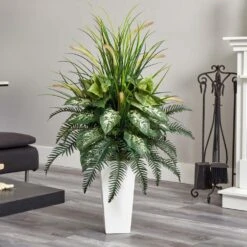 Mixed River Fern And Dogtail Artificial Plant In White Tower Planter -AFLORAL ONLINE STORE nearly natural artificial ferns 6382 31 1000