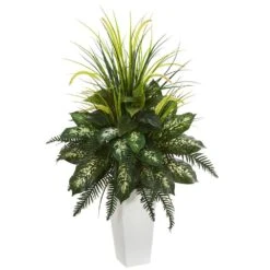 Mixed River Fern And Dogtail Artificial Plant In White Tower Planter