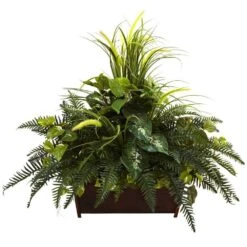 Artificial Mixed Grass And River Fern With Wood Planter