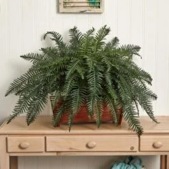 Artificial River Fern With Wood Planter -AFLORAL ONLINE STORE nearly natural artificial ferns 6804 1f 1000