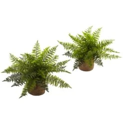 15 In. Artificial Ruffle Fern Bush With Burlap Base (Set Of 2)