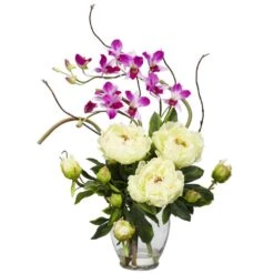 21.5 In. Artificial H White Peony And Orchid Silk Flower Arrangement