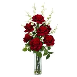 29 In. Artificial H Red Roses With Cherry Blossoms Silk Flower Arrangement