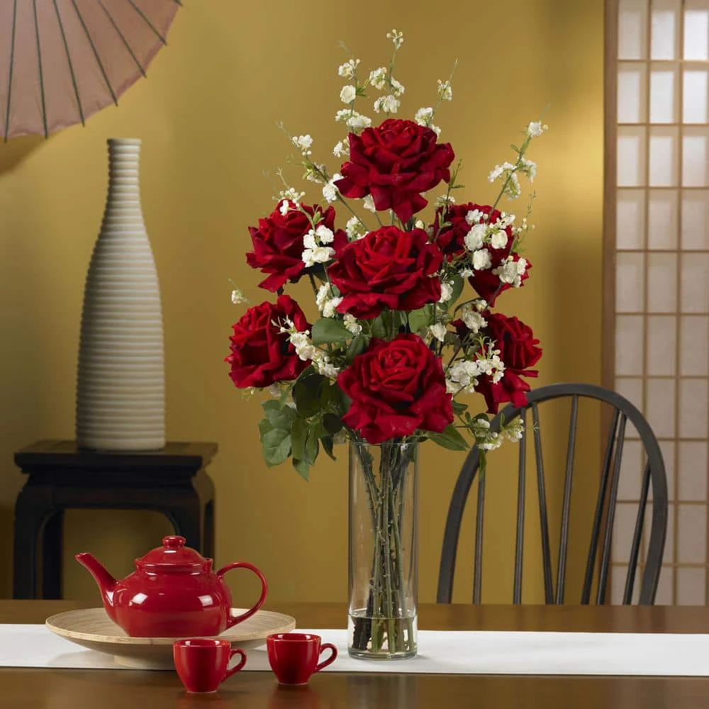 29 In. Artificial H Red Roses With Cherry Blossoms Silk Flower Arrangement 4 29 In. Artificial H Red Roses With Cherry Blossoms Silk Flower Arrangement - Image 2