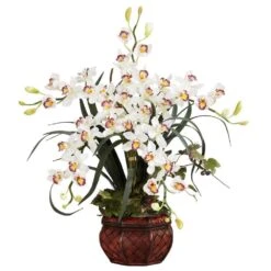 30 In. Artificial H White Cymbidium With Decorative Vase Silk Arrangement