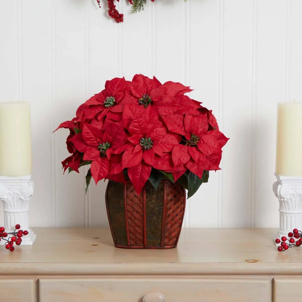 18 In. H Red Poinsettia Arrangement With Decorative Vase Artificial Silk 6 18 In. H Red Poinsettia Arrangement With Decorative Vase Artificial Silk - Image 4