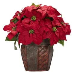 18 In. H Red Poinsettia Arrangement With Decorative Vase Artificial Silk