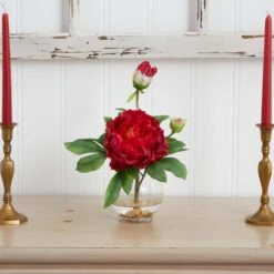13.5 In. Artificial H Red Peony With Fluted Vase Silk Flower Arrangement -AFLORAL ONLINE STORE nearly natural artificial flowers 1278 rd 31 1000