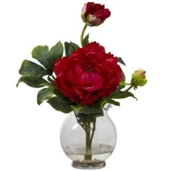 13.5 In. Artificial H Red Peony With Fluted Vase Silk Flower Arrangement