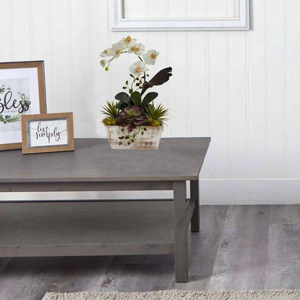 Artificial Orchid And Succulent Garden With White Wash Planter 4 Artificial Orchid And Succulent Garden With White Wash Planter - Image 2