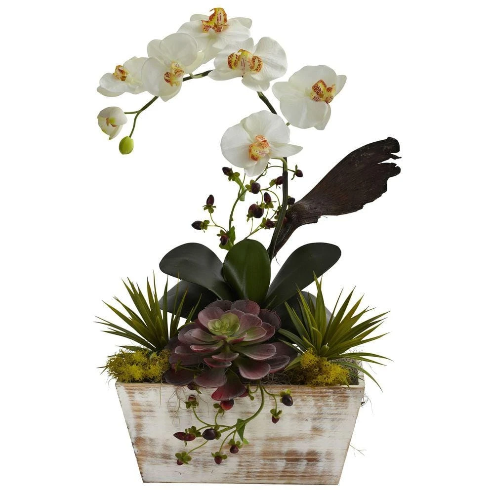 Artificial Orchid And Succulent Garden With White Wash Planter 3 Artificial Orchid And Succulent Garden With White Wash Planter