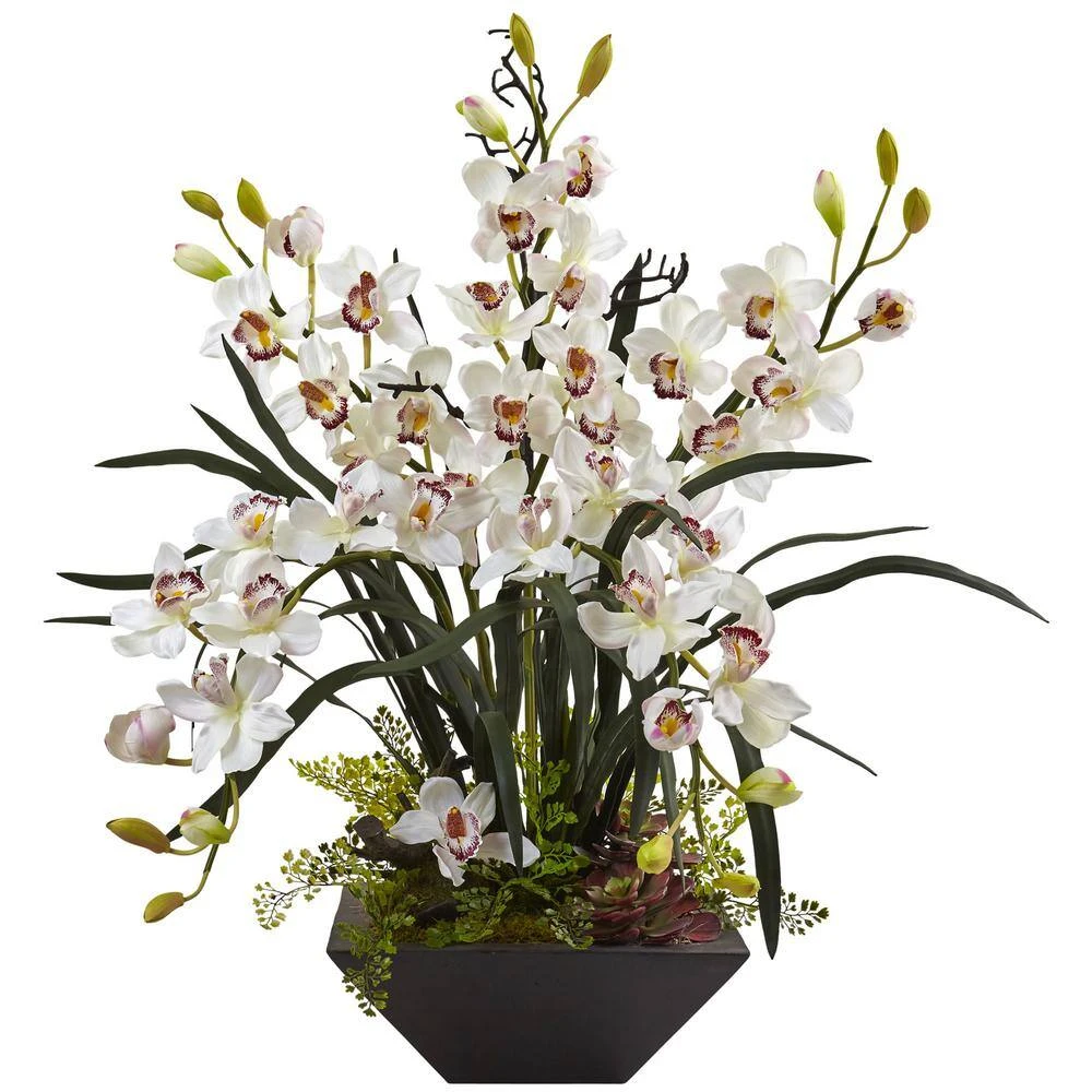 Artificial Cymbidium Orchid With Black Vase 4 Artificial Cymbidium Orchid With Black Vase - Image 2