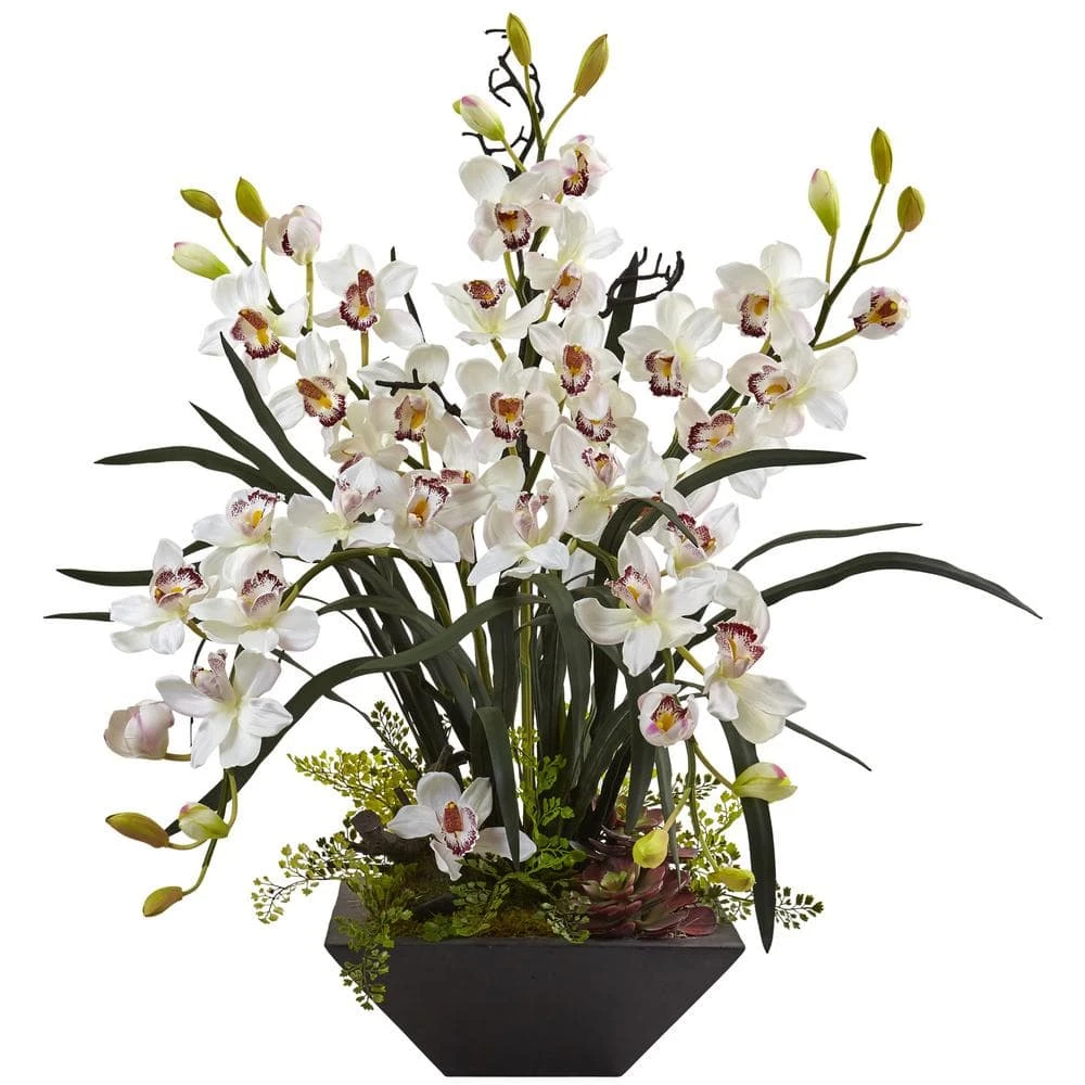 Artificial Cymbidium Orchid With Black Vase 3 Artificial Cymbidium Orchid With Black Vase