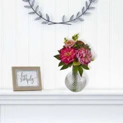 14 In. Artificial Peony And Mum In Glass Vase -AFLORAL ONLINE STORE nearly natural artificial flowers 4584 31 1000