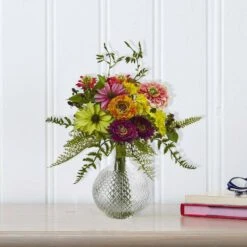 15 In. Artificial Mixed Flower In Glass Vase -AFLORAL ONLINE STORE nearly natural artificial flowers 4585 31 1000