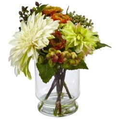 10.5 In. Artificial Mixed Dahlia And Mum With Glass Vase