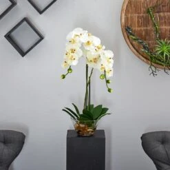 Double Phalaenopsis With Glass Vase Silk Flower Artificial Arrangement -AFLORAL ONLINE STORE nearly natural artificial flowers 4643 wh 1f 1000