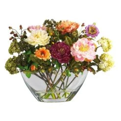 14 In. Artificial Peony Silk Flower Arrangement With Glass Vase