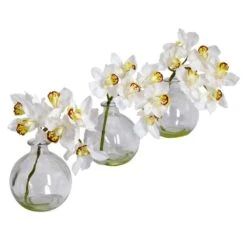 8 In. Artificial H White Cymbidium With Vase Silk Flower Arrangement (Set Of 3)