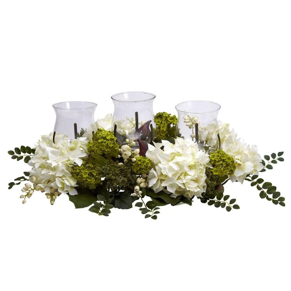 9.5 In. Artificial H White Snowball Hydrangea Triple Candelabrum 3 9.5 In. Artificial H White Snowball Hydrangea Triple Candelabrum