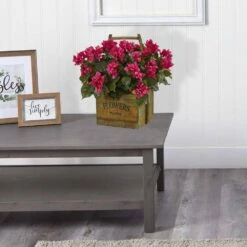 Artificial Indoor Bougainvillea Flowering Plant In Rustic Wood Planter -AFLORAL ONLINE STORE nearly natural artificial flowers 6323 31 1000