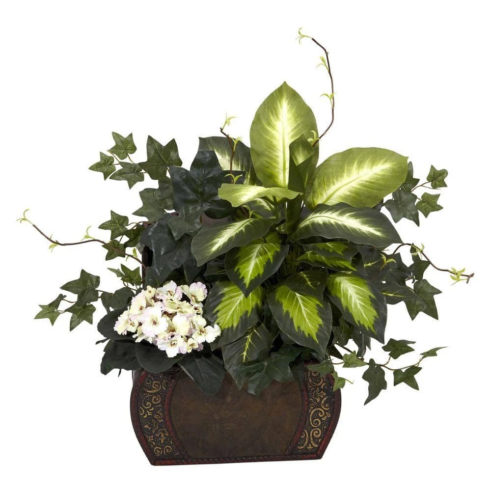 20 In. Artificial H Green African Violet, Dieffenbachia And Ivy With Chest Silk Plant 3 20 In. Artificial H Green African Violet, Dieffenbachia And Ivy With Chest Silk Plant