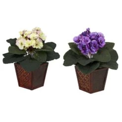 10 In. Artificial H Assorted African Violet Silk Plants With Vase, Set Of 2