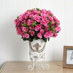 19 In. Artificial H Pink Azalea With Metal Planter Silk Plant -AFLORAL ONLINE STORE nearly natural artificial flowers 6687 1f 1000