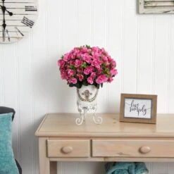 19 In. Artificial H Pink Azalea With Metal Planter Silk Plant -AFLORAL ONLINE STORE nearly natural artificial flowers 6687 31 1000