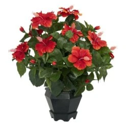 20 In. Artificial H Red Hibiscus With Black Hexagon Vase Silk Plant