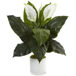 Indoor Spathiphyllum Artificial Flowering Peace Lily In Glossy Glass Planter -AFLORAL ONLINE STORE nearly natural artificial flowers 6956 31 1000