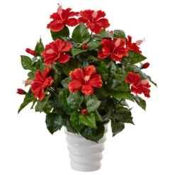 Indoor Hibiscus Artificial Flowering Plant In Swirl Planter