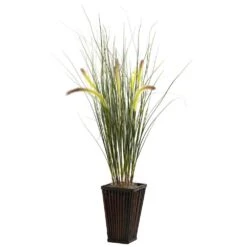Artificial Grass With Cattails And Bamboo Planter
