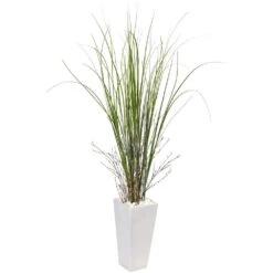 Indoor Bamboo Grass Artificial Plant In White Tower Ceramic