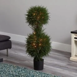 40 In. Artificial Cedar Double Ball Topiary With Lights -AFLORAL ONLINE STORE nearly natural artificial topiaries 5916 31 1000