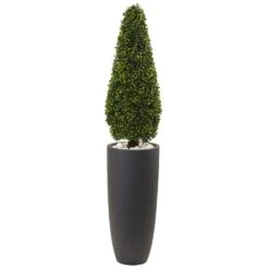 50 In. Artificial Boxwood Topiary With Gray Cylindrical Planter UV Resistant (Indoor/Outdoor)