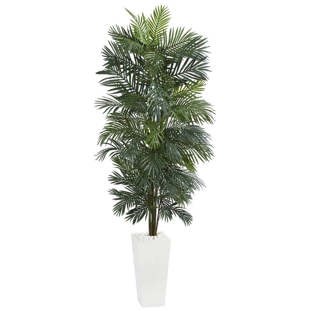 Indoor 7 Ft. Areca Artificial Tree In White Tower Planter 3 Indoor 7 Ft. Areca Artificial Tree In White Tower Planter