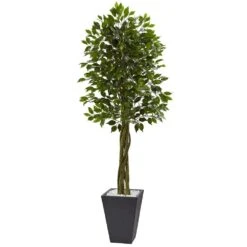Indoor/Outdoor Ficus Artificial Tree With Slate Planter, UV Resistant