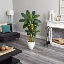5 Ft. Artificial Double Stalk Banana Tree In White Planter -AFLORAL ONLINE STORE nearly natural artificial trees 5967 1f 1000