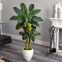 5 Ft. Artificial Double Stalk Banana Tree In White Planter -AFLORAL ONLINE STORE nearly natural artificial trees 5967 31 1000