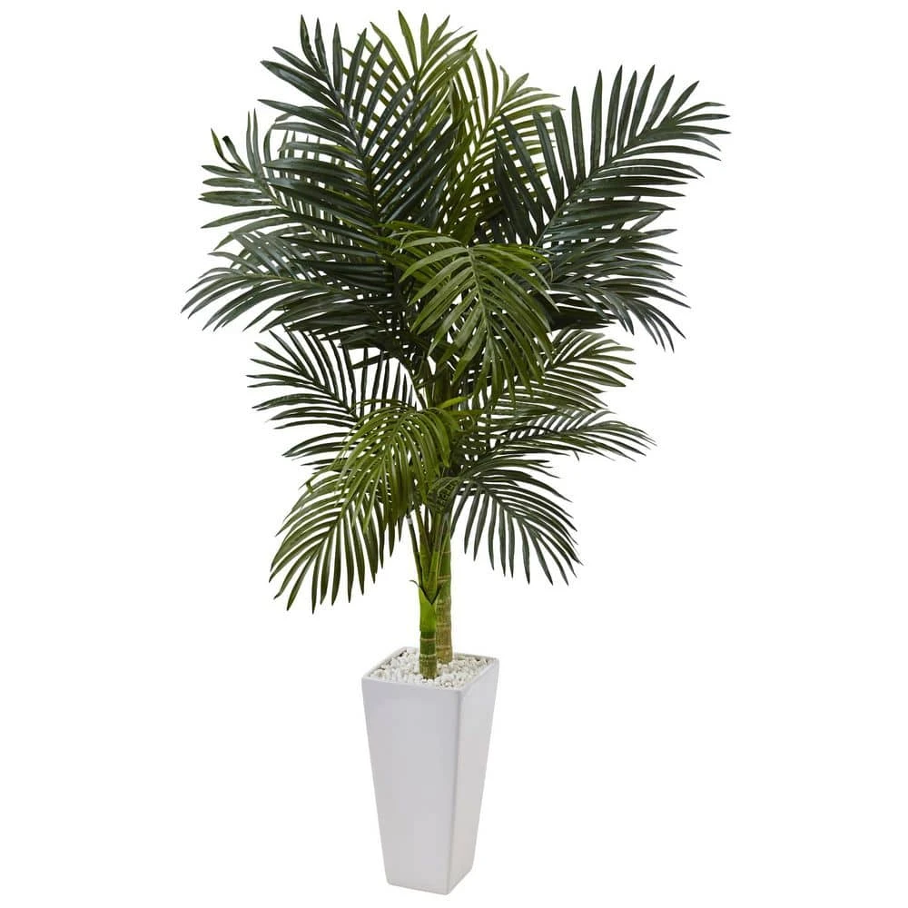 Indoor 5 Ft. Golden Cane Palm Artificial Tree In White Tower Planter 6 Indoor 5 Ft. Golden Cane Palm Artificial Tree In White Tower Planter - Image 4
