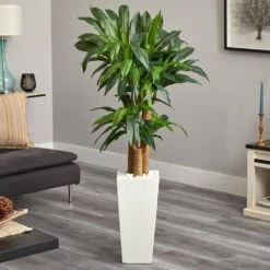 5 Ft. Cornstalk Dracaena Artificial Plant In White Tower Planter -AFLORAL ONLINE STORE nearly natural artificial tropical plants 6391 31 1000