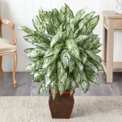38 In. Artificial H Green Silver Queen With Decorative Planter Silk Plant -AFLORAL ONLINE STORE nearly natural artificial tropical plants 6693 31 1000