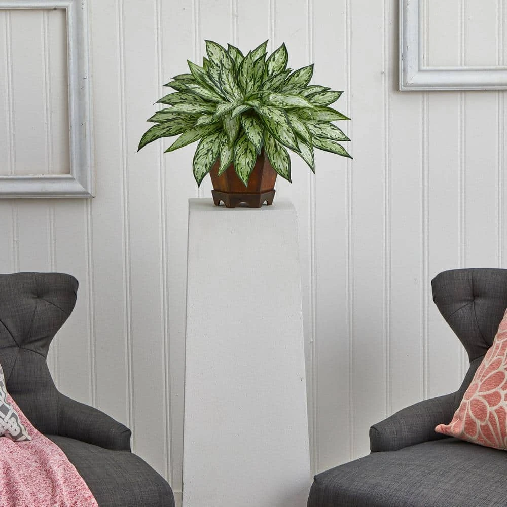 14 In. Artificial H Green Triple Silver Queen With Hexagon Vase Silk Plant 6 14 In. Artificial H Green Triple Silver Queen With Hexagon Vase Silk Plant - Image 4