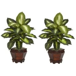 20.5 In. Artificial H Green Dieffenbachia With Wood Vase Silk Plant (Set Of 2)