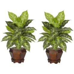 20.5 In. Artificial H Green Dieffenbachia Silk Plant With Wood Vase (Set Of 2)