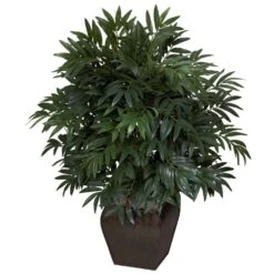 35 In. Artificial H Green Double Bamboo Palm With Decorative Planter Silk Plant
