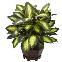 Artificial Triple Golden Dieffenbachia With Wood Vase